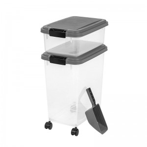 ภาชนะบรรจุอาหารสัตว์เลี้ยงมีล้อสีเทาที่เก็บภาชนะบรรจุอาหารขนาดใหญ่ที่เก็บอาหารแห้งสำหรับสัตว์เลี้ยง