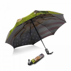 การตลาดแบบพกพา windproof พิมพ์แบบกำหนดเอง 2 ส่วนซี่โครงไฟเบอร์กลาสอัตโนมัติเปิดและปิด 3 พับร่ม