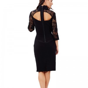 แขน 3/4 ผู้หญิงแต่งตัวลูกไม้สีดำ midi