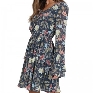 แขนกระดิ่งสำหรับผู้หญิงแฟชั่นการพิมพ์ชุดมินิ