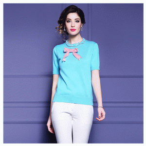 ที่กำหนดเอง OEM ผีเสื้อโบว์ Rhinestone เย็บเสื้อสวมหัวสตรีฤดูร้อนถักเสื้อกันหนาว