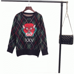 Warm Dragon Face Patchworks ฤดูหนาวหนาคอมพิวเตอร์ถักเสื้อสเวตเตอร์ Pullover