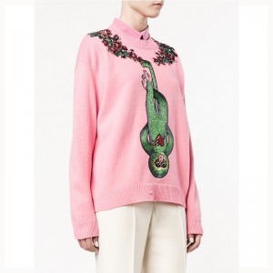 ผู้หญิงตลกลิงลูกปัด appliques ตกแต่งเสื้อคอเรือ Pullover