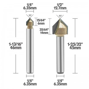 90 องศา V ร่องเราเตอร์บิตไทเทเนียมเคลือบคาร์ไบด์ดีลเปิดแล้ว 2 ขลุ่ยซีเอ็นซีแกะสลักบิตงานไม้ขูดมุมเอียงตัดก้าน 1/4 นิ้ว