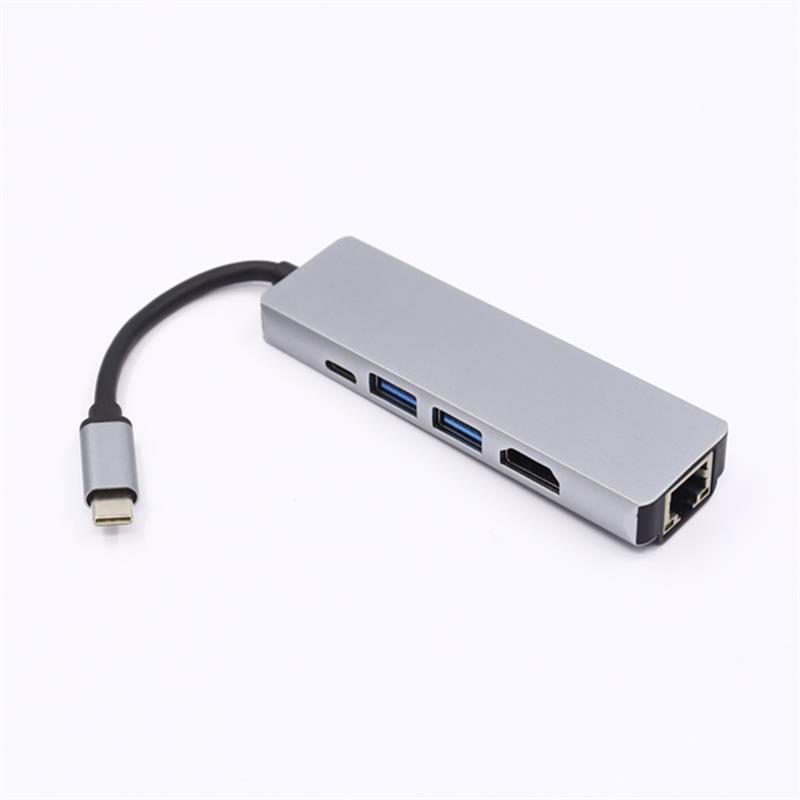 5-in-1 USB Type C เป็น HDMI + LAN (1000M) + อะแดปเตอร์ USB 3.0x2 + Type C Hub