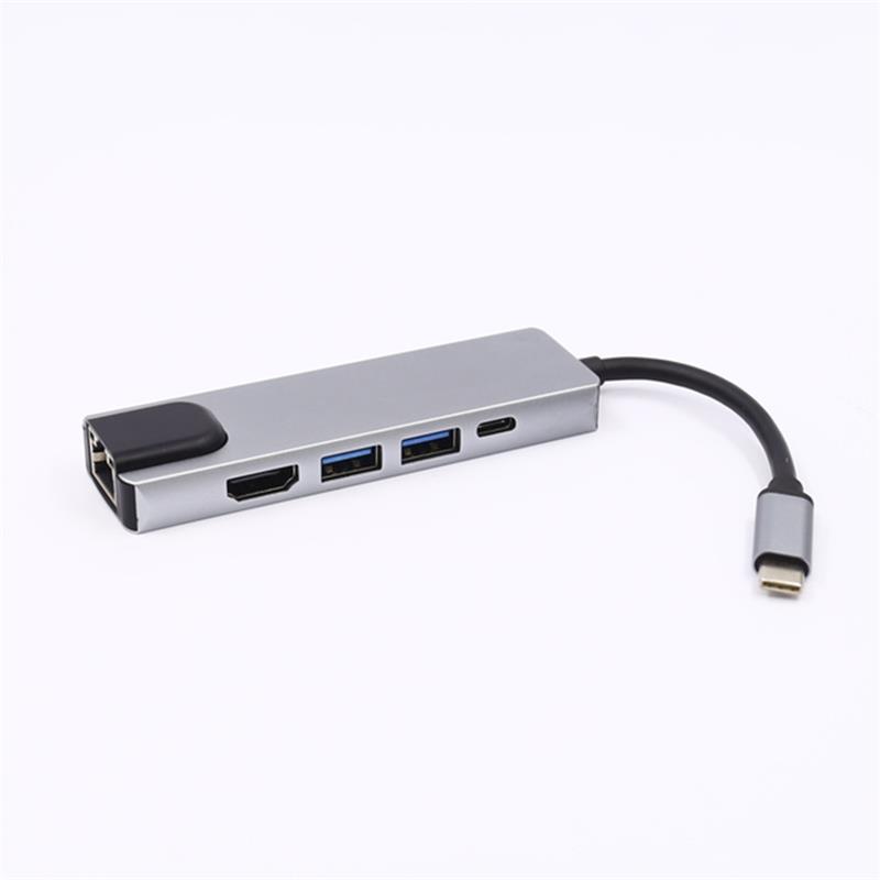 5-in-1 USB Type C เป็น HDMI + LAN (1000M) + อะแดปเตอร์ USB 3.0x2 + Type C Hub