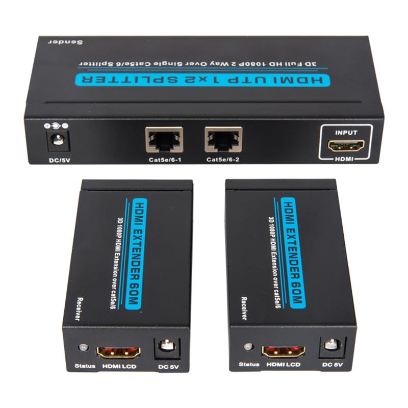2 พอร์ต UTP HDMI 1x2 แยกกัน Cat5e / 6 เดี่ยวพร้อม 2 ตัวรับสูงถึง 60m