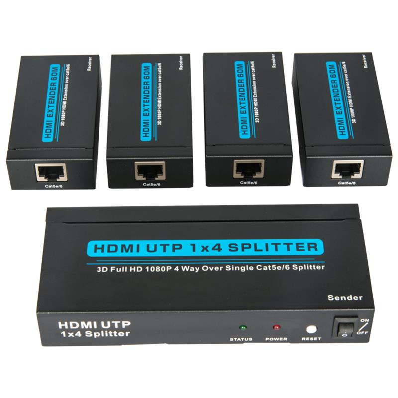 4 พอร์ต HDMI UTP 1x4 แยกผ่าน Cat5e / 6 เดี่ยวพร้อม 4 ตัวรับสูงถึง 60 เมตร