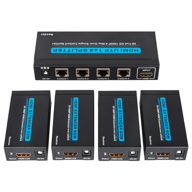 4 พอร์ต HDMI UTP 1x4 แยกผ่าน Cat5e / 6 เดี่ยวพร้อม 4 ตัวรับสูงถึง 60 เมตร