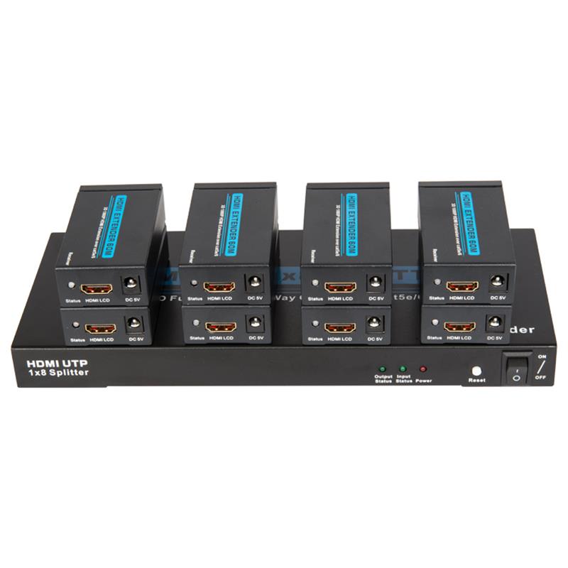 8 พอร์ต HDMI UTP 1x8 แยกผ่าน Cat5e / 6 เดี่ยวพร้อม 8 ตัวรับสูงถึง 60 เมตร