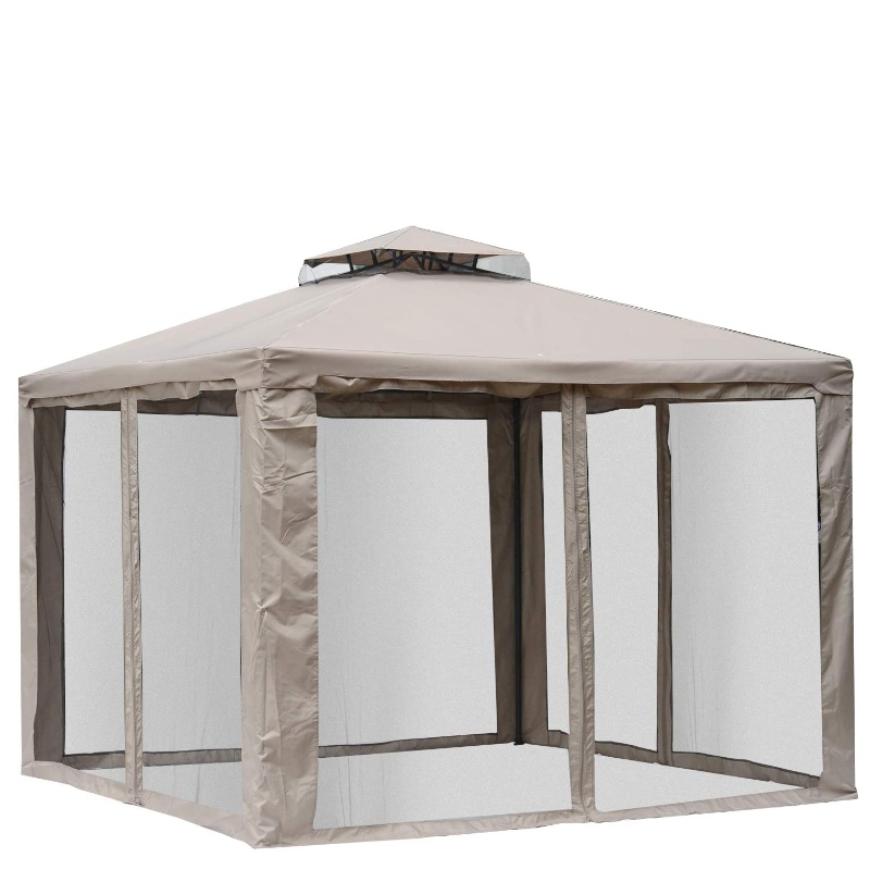 10'x 10'露台凉亭天篷帐篷，双层软顶，带网状侧壁，灰褐色