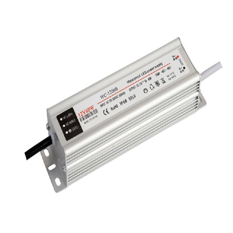 60W LED ไดรเวอร์กันน้ำ LED แหล่งจ่ายไฟ IP68 กันน้ำแหล่งจ่ายไฟ 12V