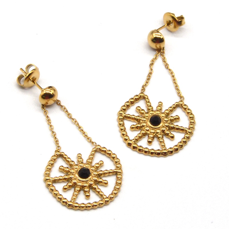 รุ่นหญิงสแตนเลสสีทองพร้อมจี้ดอกไม้ดีไซน์แบบต่างหูงานมีเสน่ห์สำหรับหญิงสาว. โรงงานเครื่องประดับ Ruifanbao ของจีน