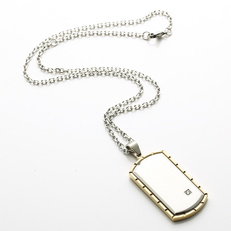 สร้อยคอพร้อมจี้สำหรับผู้ชายสแตนเลสสตีลทูโทน CZ Inlay Dog Tag