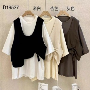 ดีไซน์หลวมสไตล์ปกรอบเรียบสไตล์แขนเย็บสไตล์ลำลองผ้าฝ้ายสีทึบและผ้าลินินโอเวอร์ไซส์คัสตอม 19527 เสื้อยืด + เสื้อกั๊ก