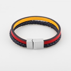 เครื่องประดับหนังแฟชั่นสร้อยข้อมือหนังแท้ Muti-Layer Braided Leather Bangle Stainless Steel