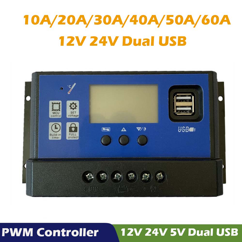 PWM ควบคุมเครื่องชาร์จพลังงานแสงอาทิตย์ 60A 50A 40A 30A 20A 10A 12 โวลต์ 24 โวลต์แบตเตอรี่ชาร์จจอ LCD Dual USB แผงเซลล์แสงอาทิตย์ Regulator สูงสุด 50 โวลต์ PV อินพุต