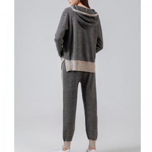 แฟชั่นสบาย ๆ กีฬาสไตล์ถักเสื้อกันหนาวสองชิ้นเสื้อกันหนาวหมวกชุด 69053#