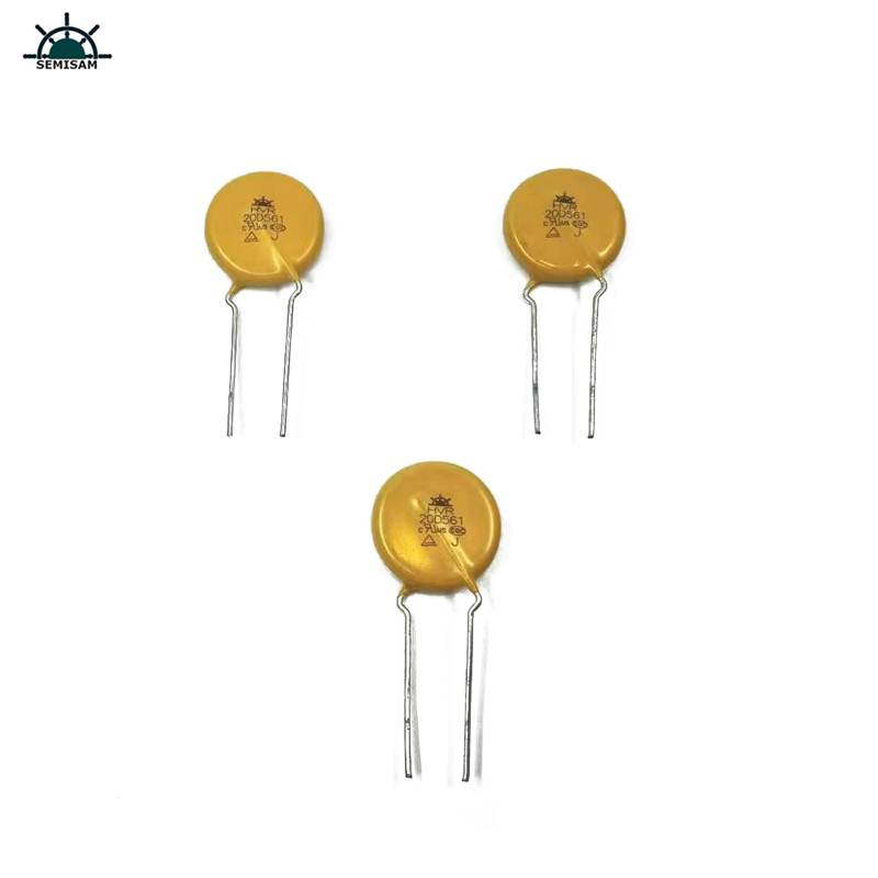 ประเทศจีนส่วนประกอบอิเล็กทรอนิกส์ ODM, Yellow Mov 20mm HVR20D561K Varistor สังกะสีออกไซด์สำหรับเครื่องใช้ในครัวเรือน