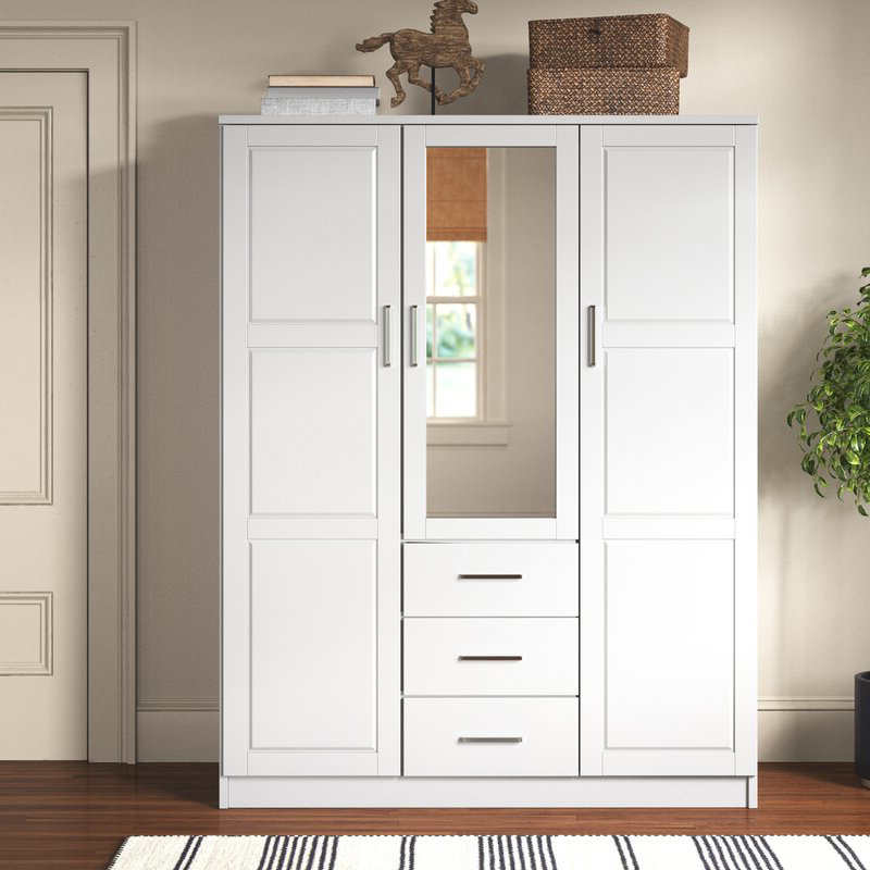 ตู้เสื้อผ้าสำหรับครอบครัวไม้ MWD22008-Solid Wood/Closet/Closet, ตู้เสื้อผ้า 3 ประตูพร้อมกระจกและ 3 ลิ้นชักสีขาว
