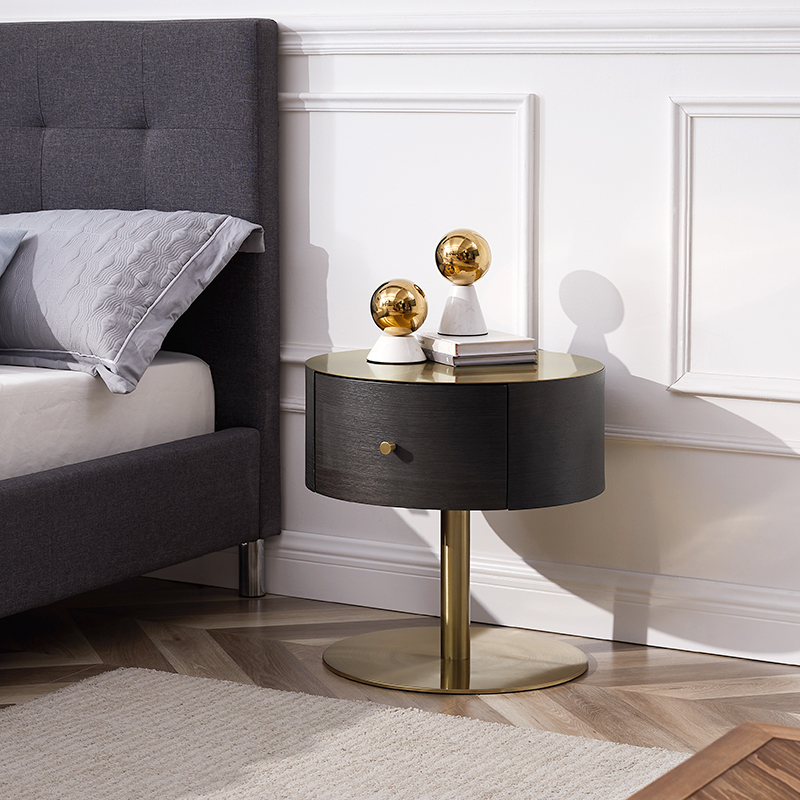 Oak Color Gold Metal Stainless Steel Stand Modern Luxury Round Bedside Table