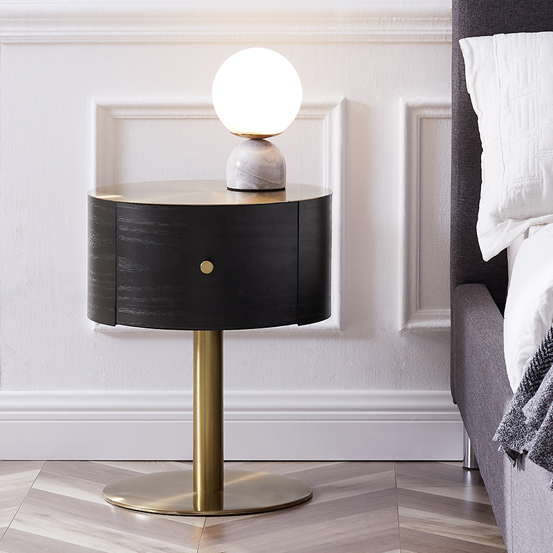 Oak Color Gold Metal Stainless Steel Stand Modern Luxury Round Bedside Table