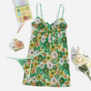 พิมพ์ลายดอกไม้ฤดูใบไม้ผลิ Cami Tie Bow Front Front กับ Thong Sexy Contrast