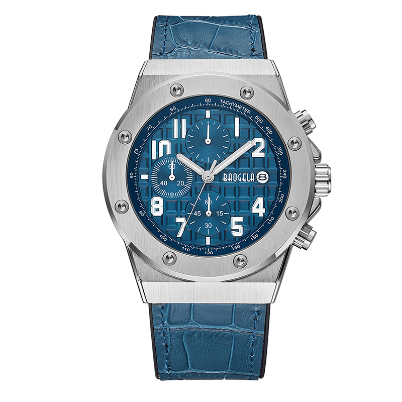 Baogela Men \\ s Chronograph Quartz นาฬิกา 2022 ใหม่กีฬากันน้ำข้อมือไม่เป็นทางการนาฬิกาผู้ชายหนังสายหนัง 1805 สีน้ำเงิน