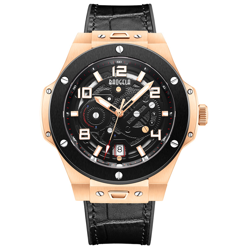 Baogela Men \\ S Watch Watch Mechanical Watch Automatic Hollow Fashion Men \\ s Luminous ขนาดใหญ่ที่มีขนาดใหญ่ 50 ม. นาฬิกากันน้ำ 2001 สีดำ