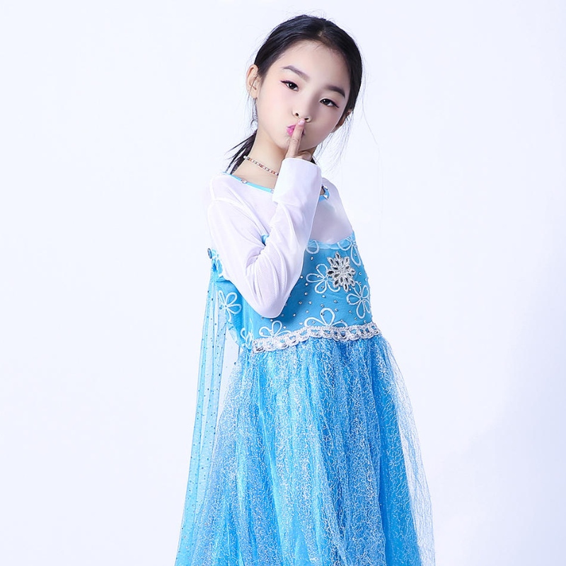 Elsa Queen Dress Girls แขนยาวตาข่ายเสื้อคลุมที่ถอดออกได้ Elsa Princess Dress