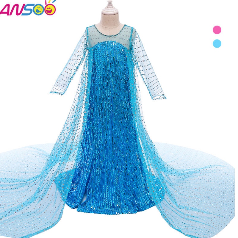 Ansoo Top Selling Cloths Fancy Princess แต่งตัวด้วยเลื่อมยาวหางยาว 2022 Elsa Anna Dress สำหรับสาว ๆ