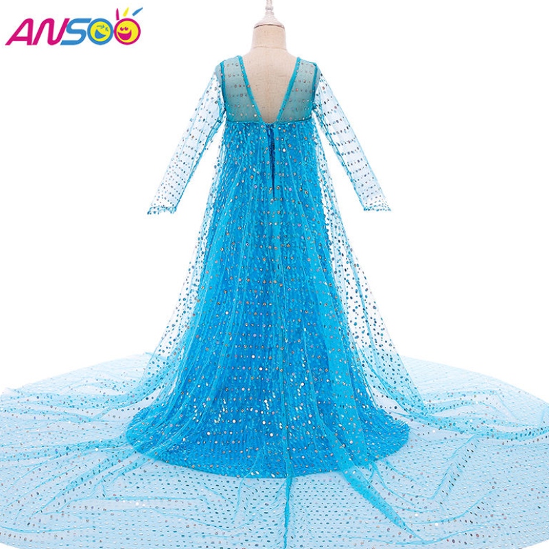 Ansoo Top Selling Cloths Fancy Princess แต่งตัวด้วยเลื่อมยาวหางยาว 2022 Elsa Anna Dress สำหรับสาว ๆ