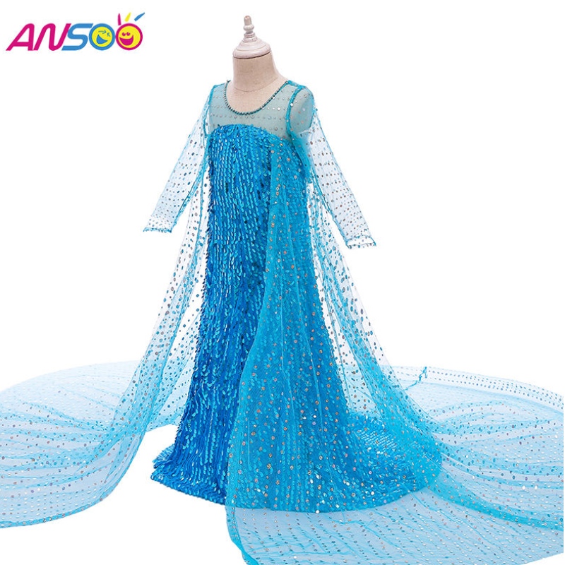 Ansoo Top Selling Cloths Fancy Princess แต่งตัวด้วยเลื่อมยาวหางยาว 2022 Elsa Anna Dress สำหรับสาว ๆ