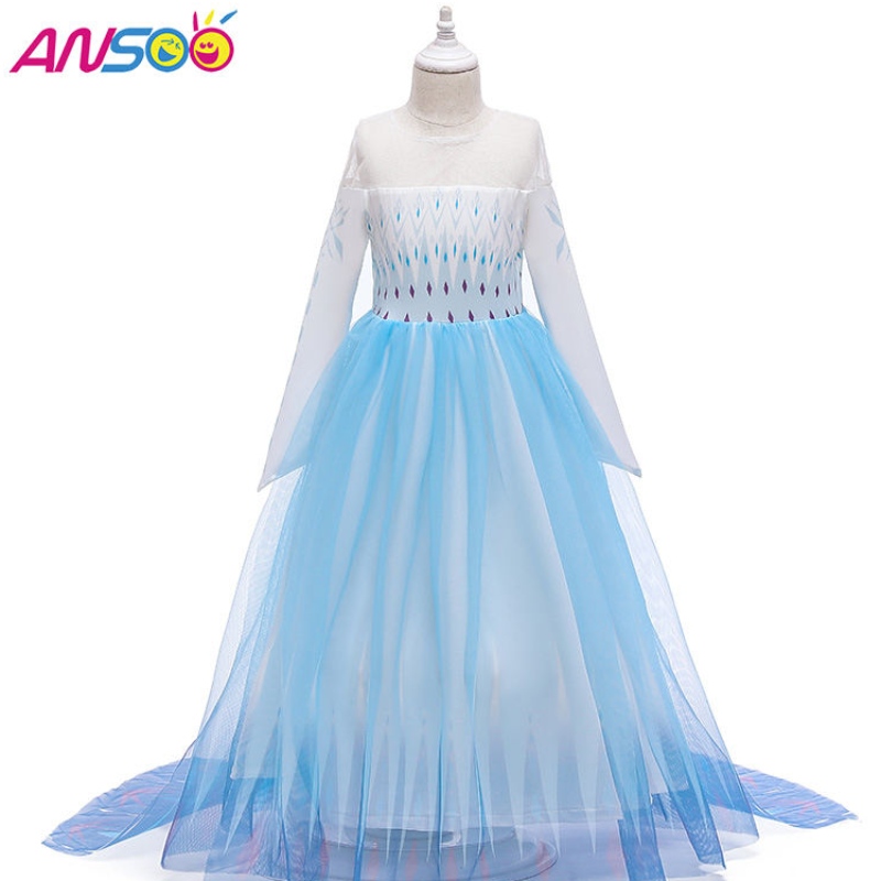 Ansoo Snow Queen 2 Cosplay Girls ชุดฤดูร้อนตาข่ายตาข่ายเจ้าหญิงชุดปาร์ตี้เครื่องแต่งกาย 4-12 ปีเด็กชุด Elsa