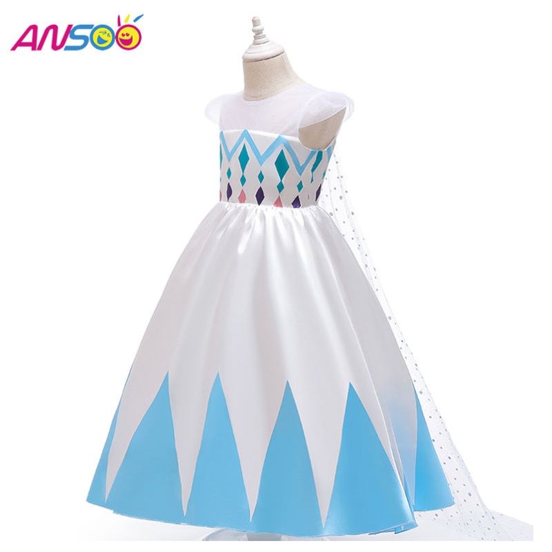 Ansoo ใหม่ราคาขายส่งการ์ตูน Elsa White Princess for Girls Dresses ชุดฮาโลวีนสำหรับสาว ๆ