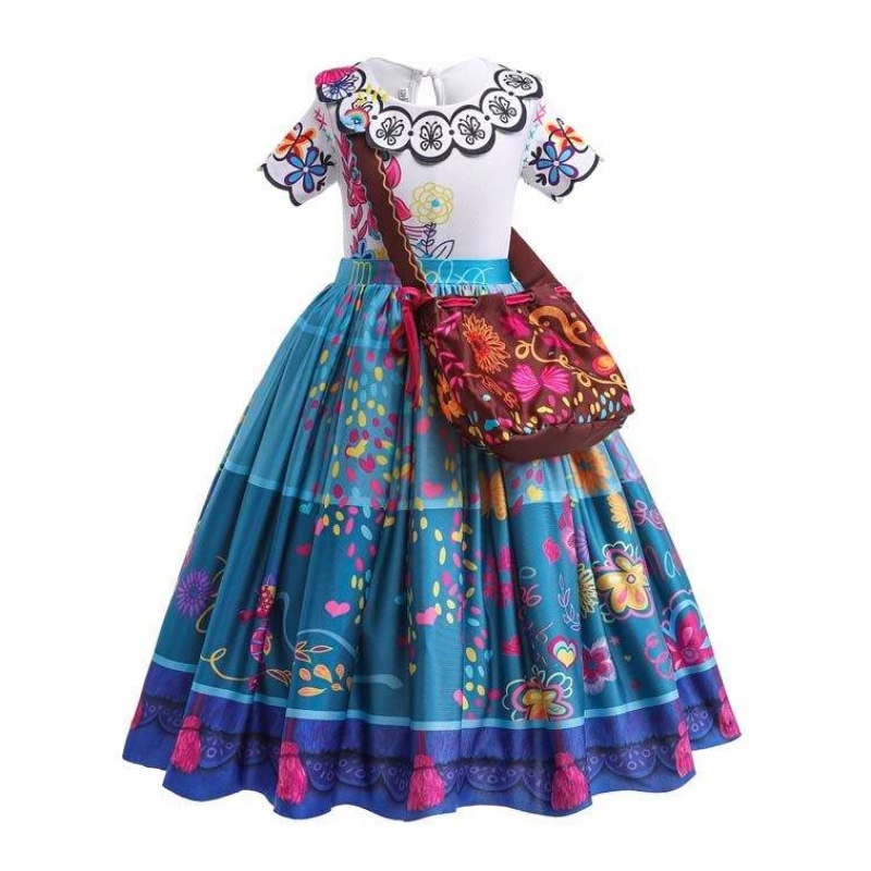 2022 เด็ก Encanto Madrigal Princess Skirts ชุดเดรส Mirabel สีน้ำเงินจาก Encanto พร้อมกระเป๋า 100-160 ซม. HCIS-001