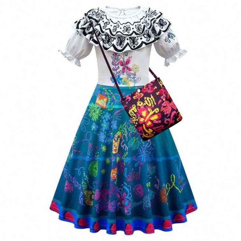 2022 เด็ก Encanto Madrigal Princess Skirts ชุดเดรส Mirabel สีน้ำเงินจาก Encanto พร้อมกระเป๋า 100-160 ซม. HCIS-001