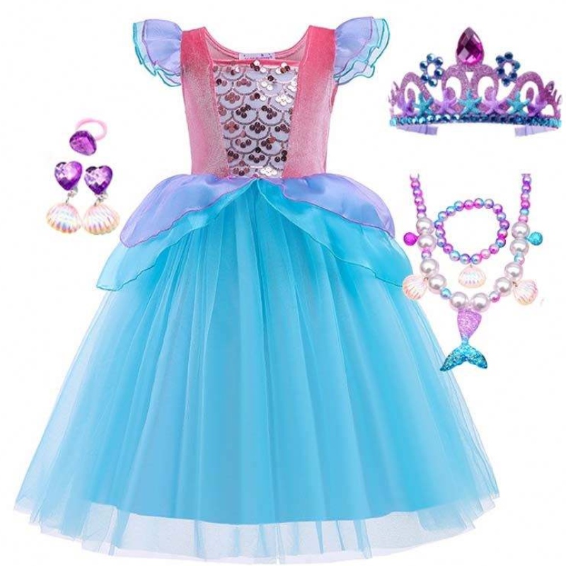 2022 ยอดขายสูงสุด Halloween Child Princess เลื่อม Ariel Blue Dress Costume HCMM-012