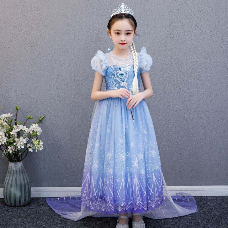 Baige 2021 New Blue Elsa Anna Girl Party Dress Dresses Up Princess พร้อมสร้อยคอทำด้วยมือและ Cape ยาว