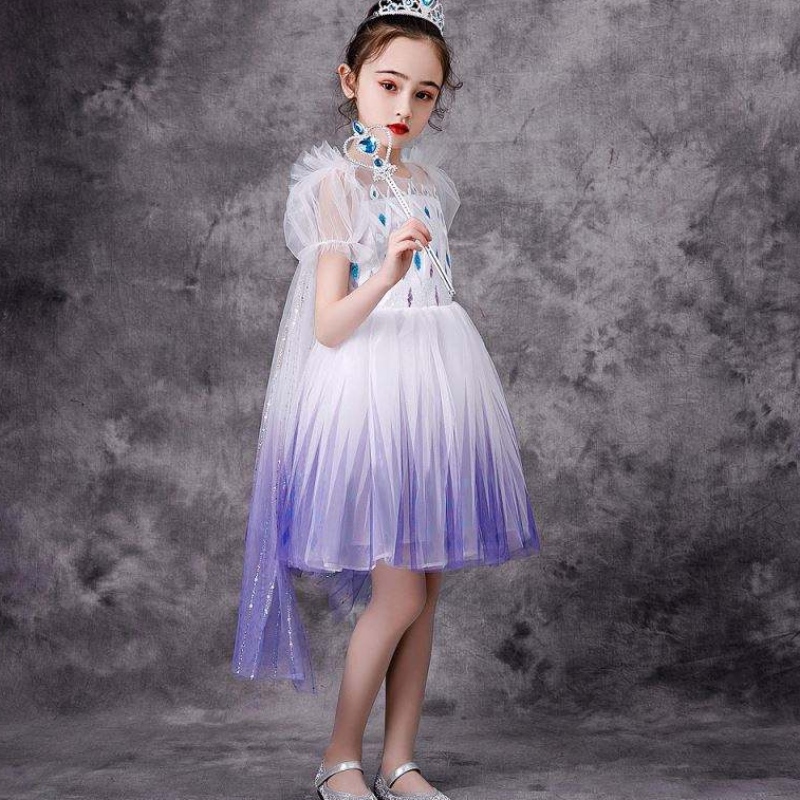 สาวล่าสุด Princess Elsa เครื่องแต่งกายเด็กชุดลูกไม้ยาวสีขาวชุดเด็กสวมใส่ชุด bx1682