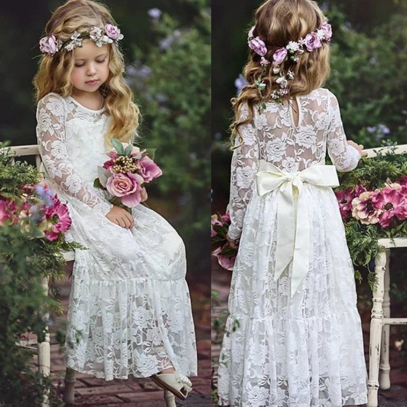 Summer Girl Wedding Lace Long Dress อายุ 2-12 ชุดเจ้าหญิง Big Bow Bridesmaid Wedding Pageant สำหรับ Flower Girls