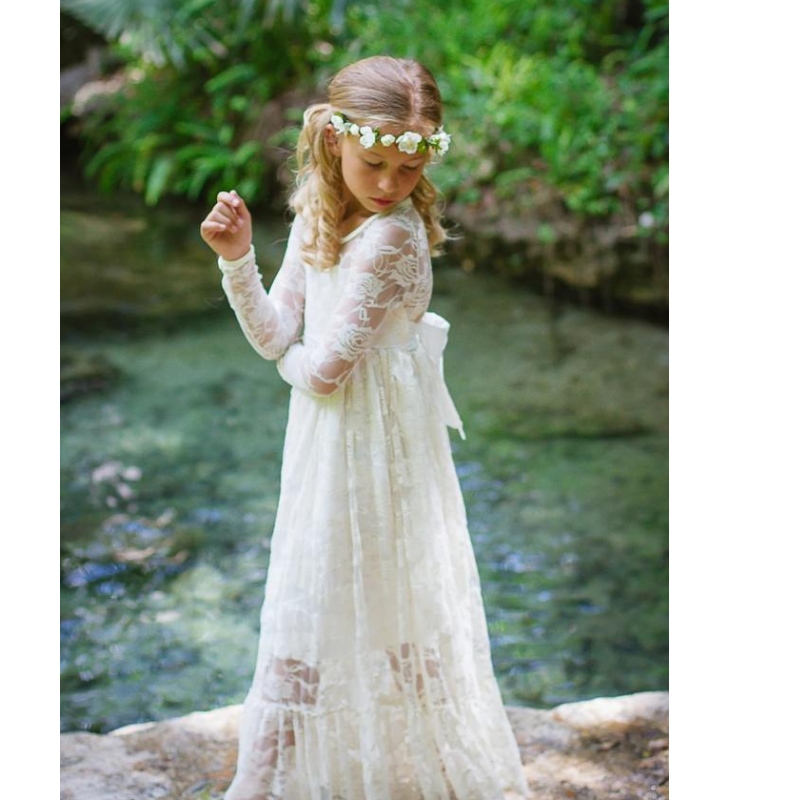 Summer Girl Wedding Lace Long Dress อายุ 2-12 ชุดเจ้าหญิง Big Bow Bridesmaid Wedding Pageant สำหรับ Flower Girls