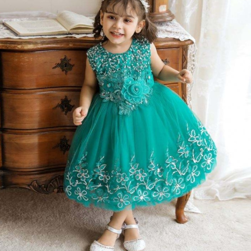 Baige Kids Fancy Embroidery Flower Dress 0-5 ปีเด็กสาวเด็กผู้หญิงตาข่ายออกแบบชุดแต่งงานที่มีสไตล์สำหรับเด็ก