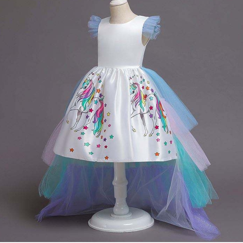 2020 Summer Kids แขนเสื้อ Rainbow Princess Birthday Party Unicorn Puffy Dress พร้อม DJS100