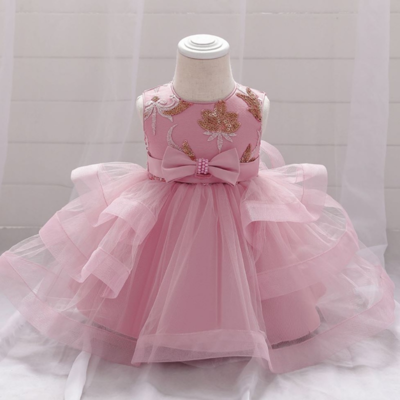 Baige Wholesale Embroidery Pearl Bow Design Party Baby Girls Dress Birthday Party Kids Frock L1929xz