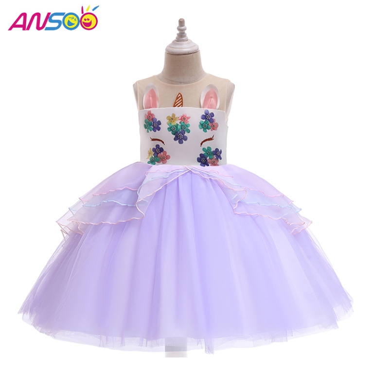 Ansoo Unicorn Princess Flower Girl Dress Wholesale Kids Wedding Dress Knee Longed Girls Party Dresses