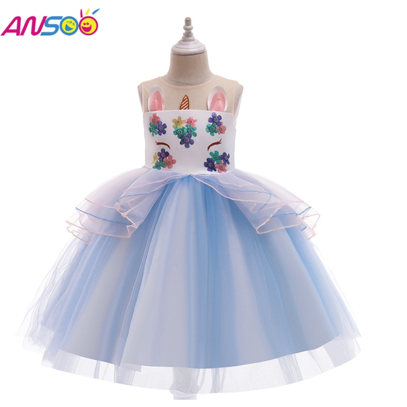 ชุด ansoo unicorn สำหรับสาวสายรุ้ง tutu princess dress kids kids birthday dress \\ sced