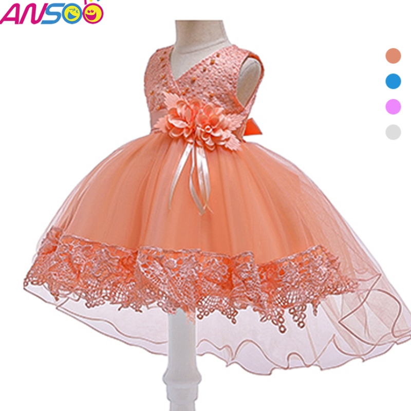 Ansoo Pretty Pretty Peach Childing \\ S Birthday Printion Flower Flower Dress สีส้มสำหรับสาว