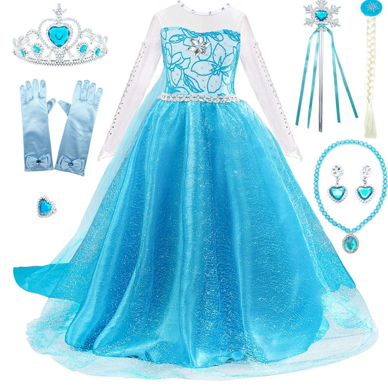 สาว ๆ Elsa แต่งตัวกับเด็กรถไฟประดับด้วยหิมะแขนยาวพิมพ์หิมะฮัลโลวีนคาร์นิวัลปาร์ตี้เจ้าหญิงเครื่องแต่งกาย