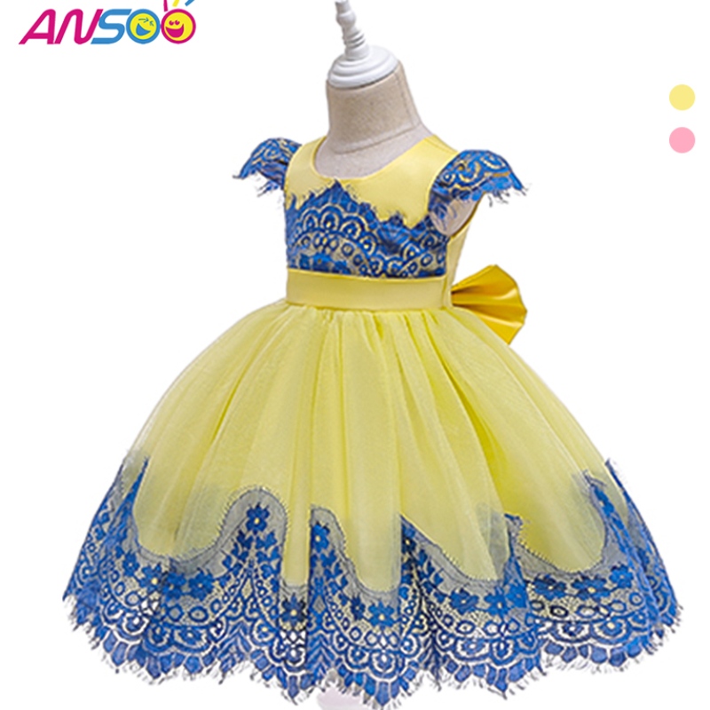 Ansoo Baby Girls Puff Sleeve Retro Party ชุดสีเหลืองเด็กเจ้าหญิงโบว์ฤดูร้อนตูตูชุดสีชมพูสำหรับเด็กผู้หญิง